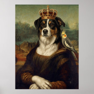 Chien Mona Lisa avec perroquet cockatiel Affiches