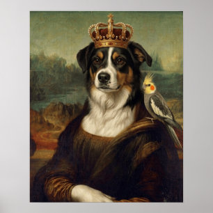 Chien Mona Lisa avec perroquet cockatiel Affiches