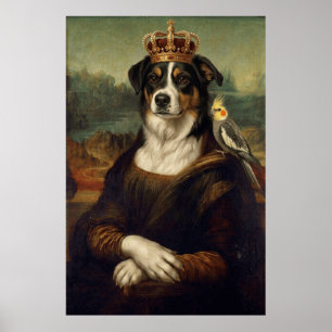 Chien Mona Lisa avec perroquet cockatiel Affiches