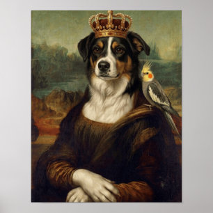 Chien Mona Lisa avec perroquet cockatiel Affiches