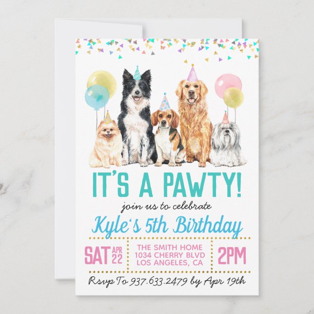 Chien Puppy Paw-ty Invitation d'anniversaire (Devant)
