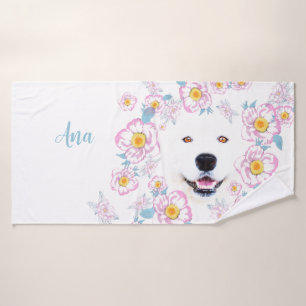Chien Samoyed et fleurs roses, nom customisé