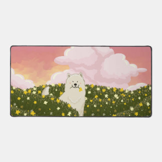 Chien Samoyède Mignon dans un Champ de Fleurs Jaun