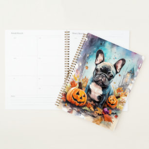 Chien-taureau français d'Halloween avec la peur Ci