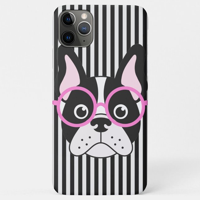 Chien taureau français iPhone / coque ipad (A phone case with a cartoon dog wearing glasses, the dog is black and white with pink ears.)