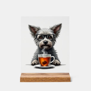 Chien Vintage tenant une tasse de thé avec des lun