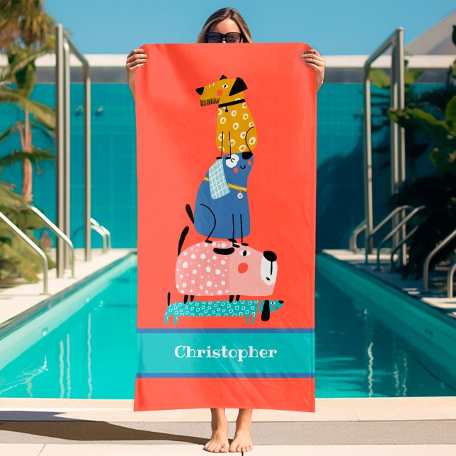 Chiens amusants Enfants (funny dogs kids bath towel with name)
