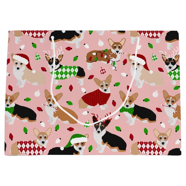 Chiens de Noël Corgi Grand sac cadeau (Devant)