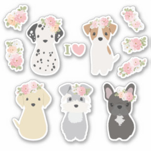 Chiens mignons avec Sticker Pack Fleurs