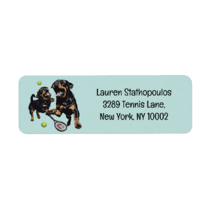 Chiens mignons Rottweiler jouant au tennis