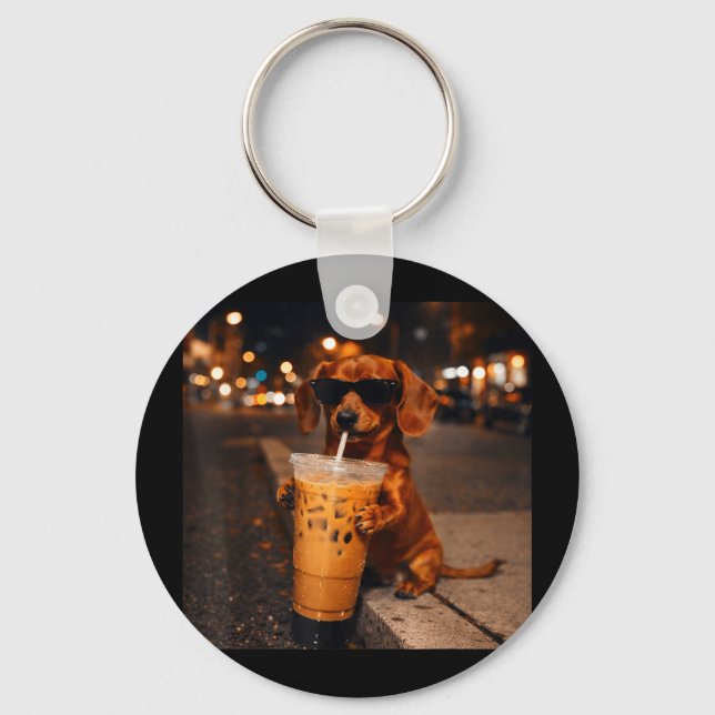 Chihua funny dachshund drinking iced coffee lover keychain (Front)