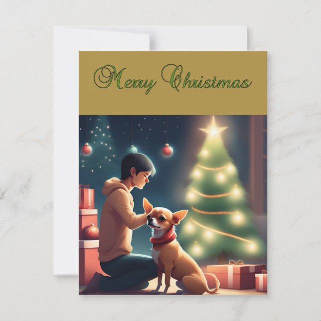 Chihuahua and Boy in Front of Christmas Tree Card (Front)