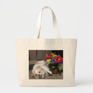Chihuahua And Flowers Large Tote Bag