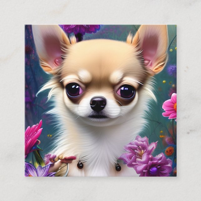 Chihuahua and Flowers Square Business Card (Front)