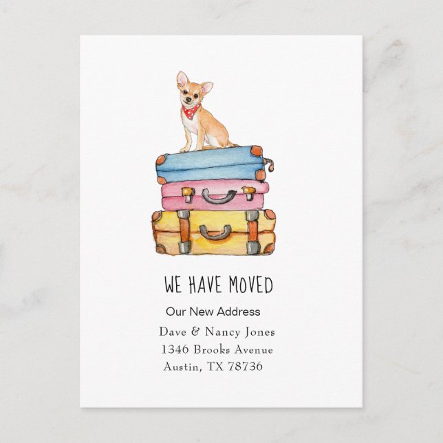 Chihuahua and luggage moving announcement Postcard (Front)