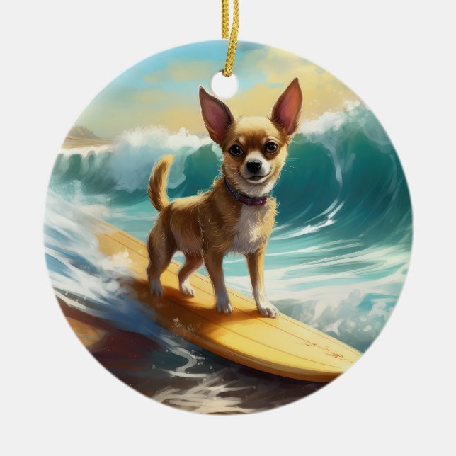 Chihuahua Beach Surfing Painting  Ceramic Ornament (Front)