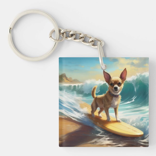 Chihuahua Beach Surfing Painting  Keychain (Front)