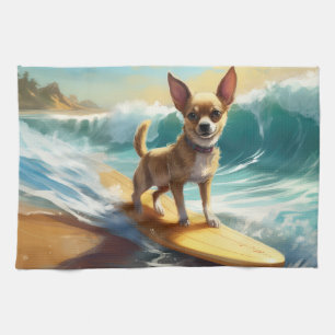 Chihuahua Beach Surfing Painting  Kitchen Towel