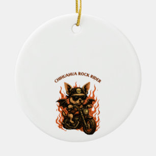 Chihuahua Biker Dog on Motorcycle with Flames Ceramic Ornament
