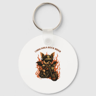 Chihuahua Biker Dog on Motorcycle with Flames Keychain