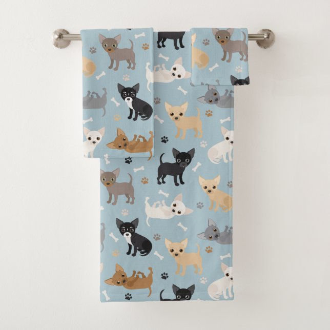 Chihuahua Bones and Paws Blue Bath Towel Set (Insitu)