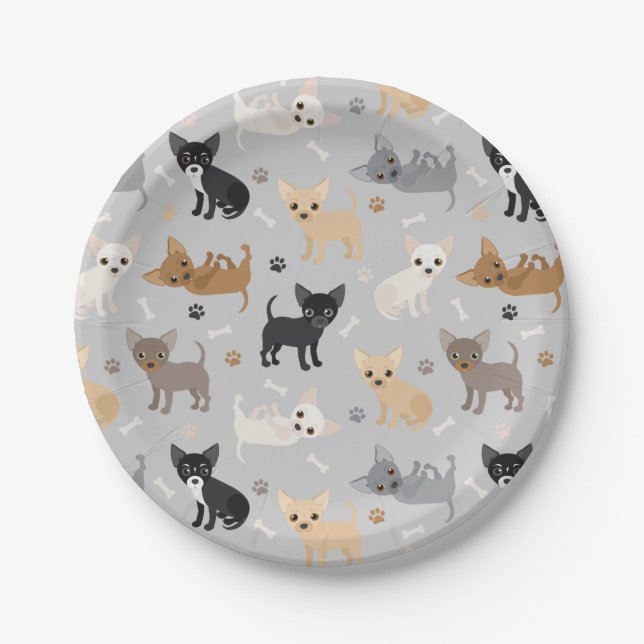 Chihuahua Bones and Paws Grey Paper Plate (Front)