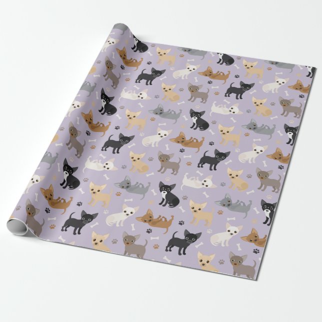 Chihuahua Bones and Paws Purple Wrapping Paper (Unrolled)