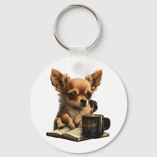 Chihuahua  Book  Coffee  Tea  Reading  Keychain (Front)