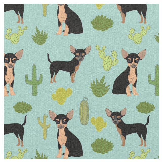 Chihuahua cactus dogs light blue fabric (Close Up)
