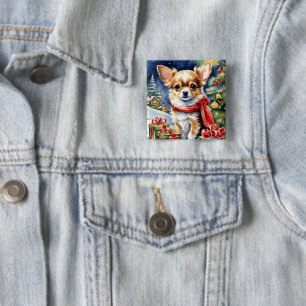Chihuahua Celebrates Christmas 2 Inch Square Button