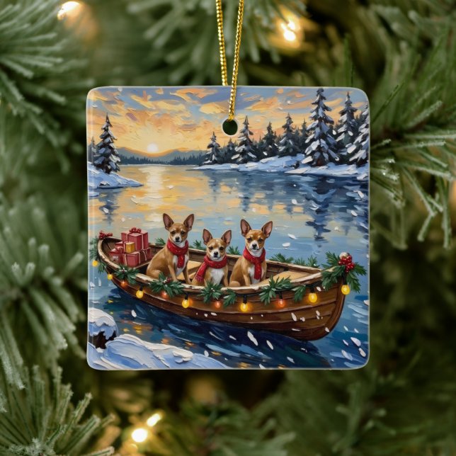 Chihuahua Christmas Boat Holiday Ceramic Ornament (Tree)