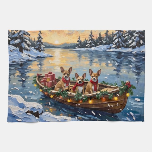 Chihuahua Christmas Boat Holiday Kitchen Towel (Horizontal)