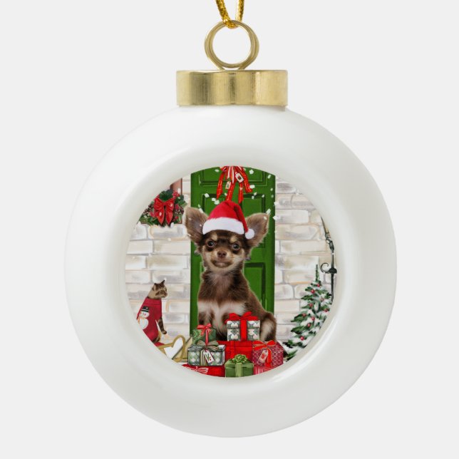 Chihuahua Christmas Ceramic Ball Christmas Ornament (Front)