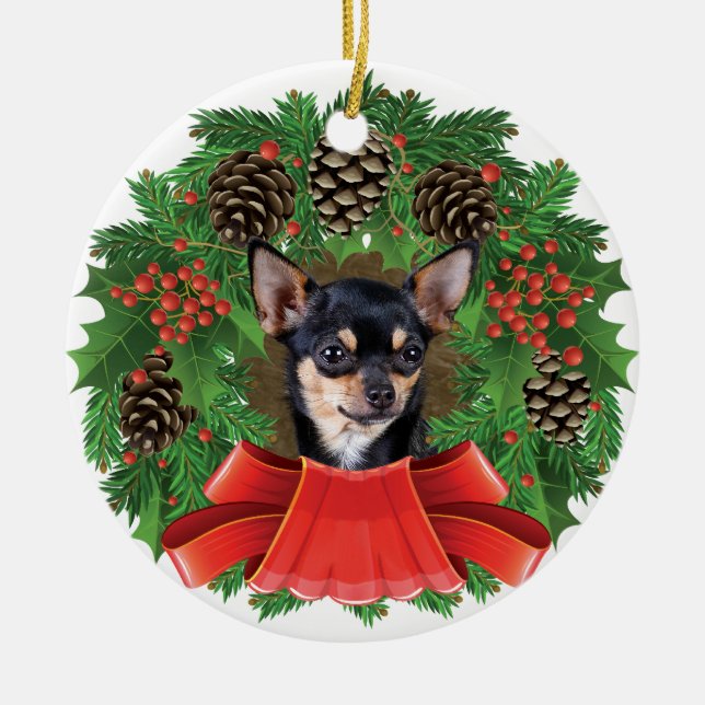 Chihuahua Christmas Holiday Wreath Ceramic Ornament (Front)
