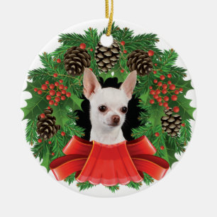 Chihuahua Christmas Holiday Wreath Ceramic Ornament