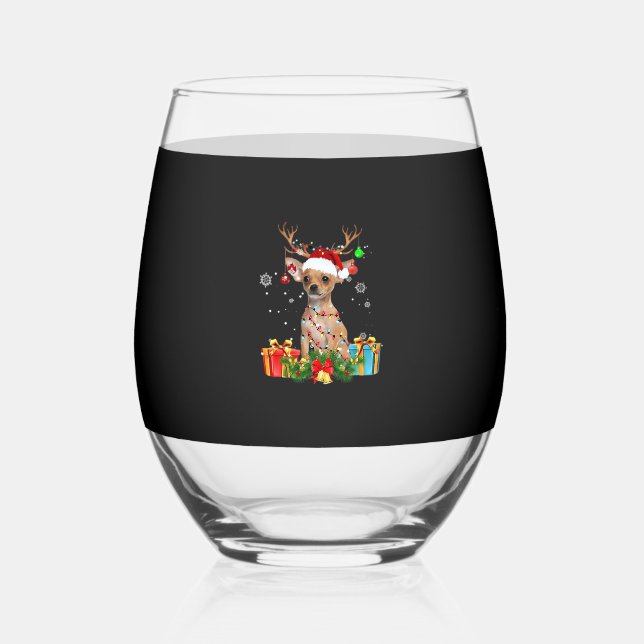 Chihuahua Christmas Lights Santa Oversized T-Shirt Stemless Wine Glass (Front)