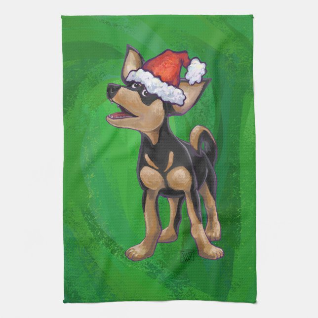 Chihuahua Christmas On Green Kitchen Towel (Vertical)