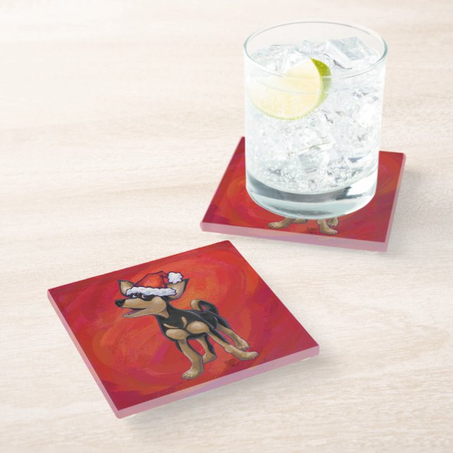Chihuahua Christmas On Red Glass Coaster (Angled)