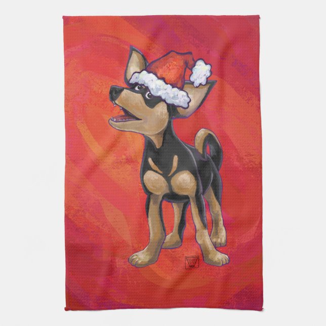 Chihuahua Christmas On Red Kitchen Towel (Vertical)