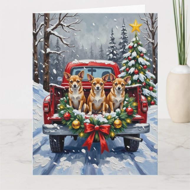 Chihuahua Christmas Red Truck Holiday Card (Front)