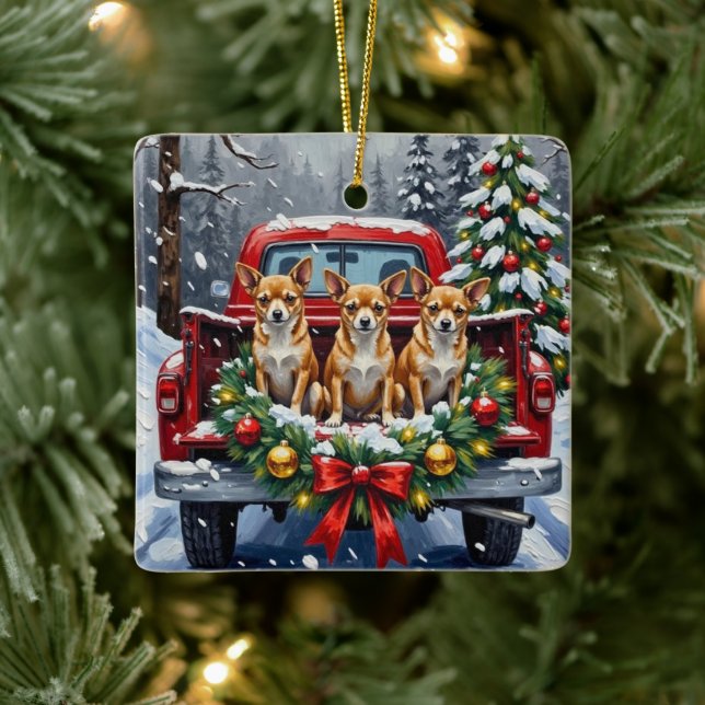 Chihuahua Christmas Red Truck Holiday Ceramic Ornament (Tree)