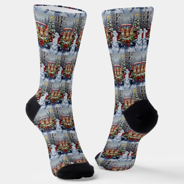 Chihuahua Christmas Red Truck Holiday Socks (Angled)