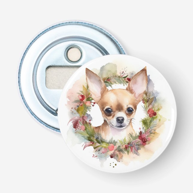 Chihuahua Christmas Wreath Festive Pup Bottle Opener (Front)