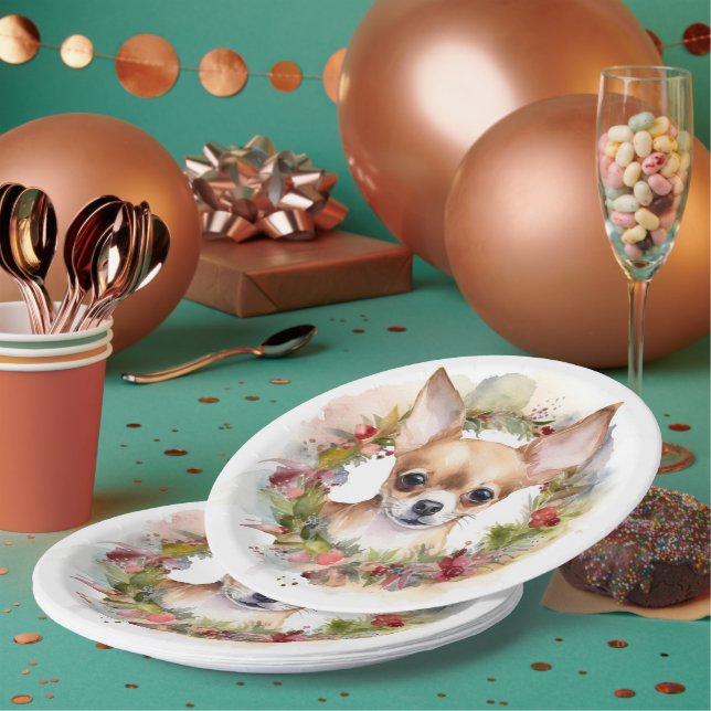 Chihuahua Christmas Wreath Festive Pup Paper Plate (Multi)
