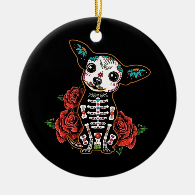 Chihuahua dia de los muertos day ceramic ornament (Front)