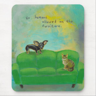 Chihuahua dog and cat on sofa fun original art mouse pad