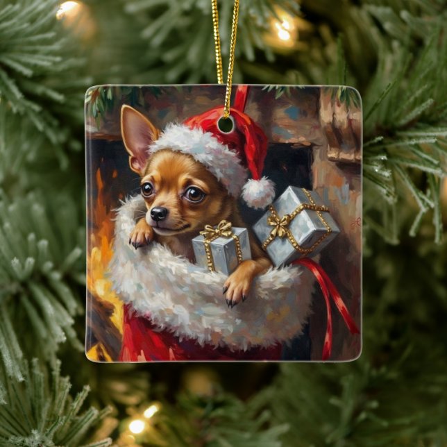 Chihuahua Dog Christmas Stocking Surprise Art Ceramic Ornament (Tree)