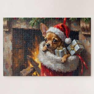 Chihuahua Dog Christmas Stocking Surprise Art Jigsaw Puzzle