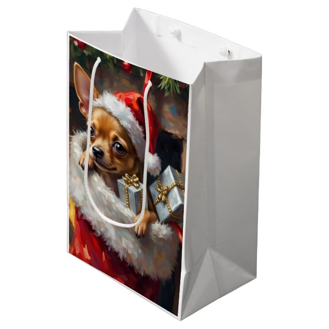 Chihuahua Dog Christmas Stocking Surprise Art Medium Gift Bag (Front Angled)