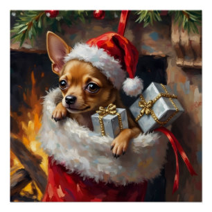 Chihuahua Dog Christmas Stocking Surprise Art Poster